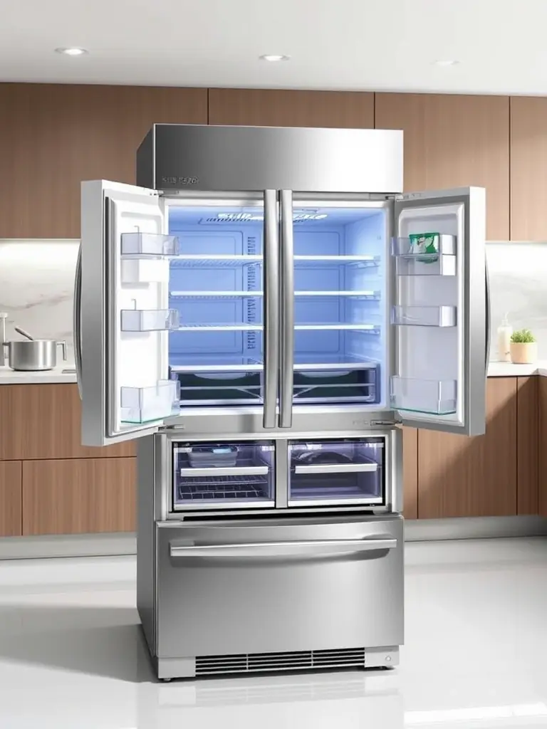 A Sub-Zero over-and-under refrigerator, emphasizing its two-tiered design and the types of repairs offered by Sub Zero Repair Irvine.
