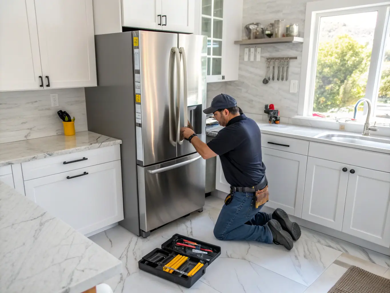 A technician replacing a component inside a Sub-Zero refrigerator, using genuine Sub-Zero parts to ensure compatibility and optimal performance.
