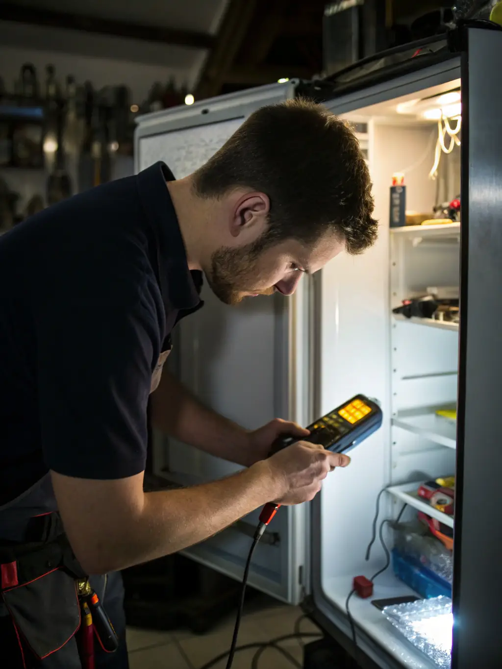 A technician performing diagnostic tests on a luxury Sub-Zero refrigerator with advanced equipment, ensuring precise and efficient repairs.