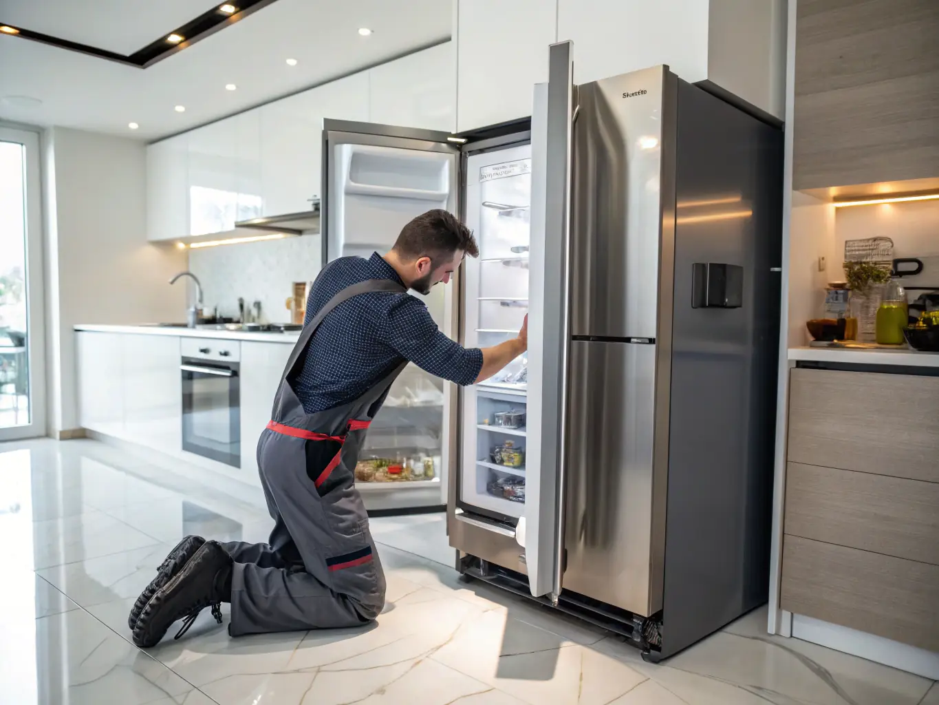 A close-up shot of a technician replacing a component inside a Sub-Zero refrigerator, highlighting the use of genuine parts and skilled craftsmanship.