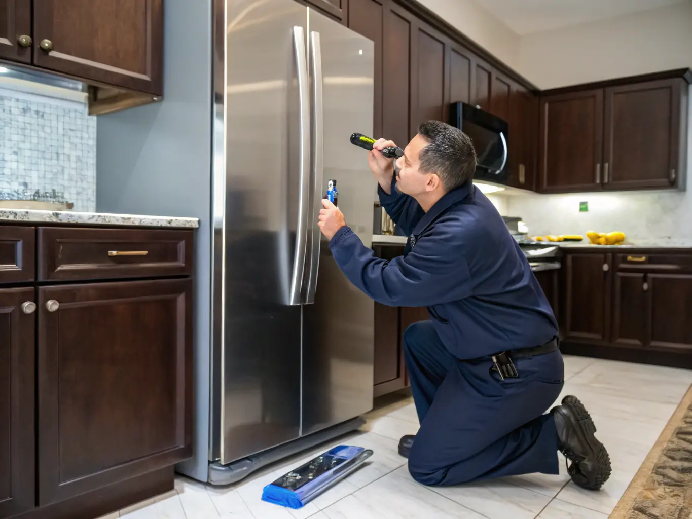 A technician meticulously inspecting the internal components of a Sub-Zero refrigerator, emphasizing the precision and expertise involved in the repair process.