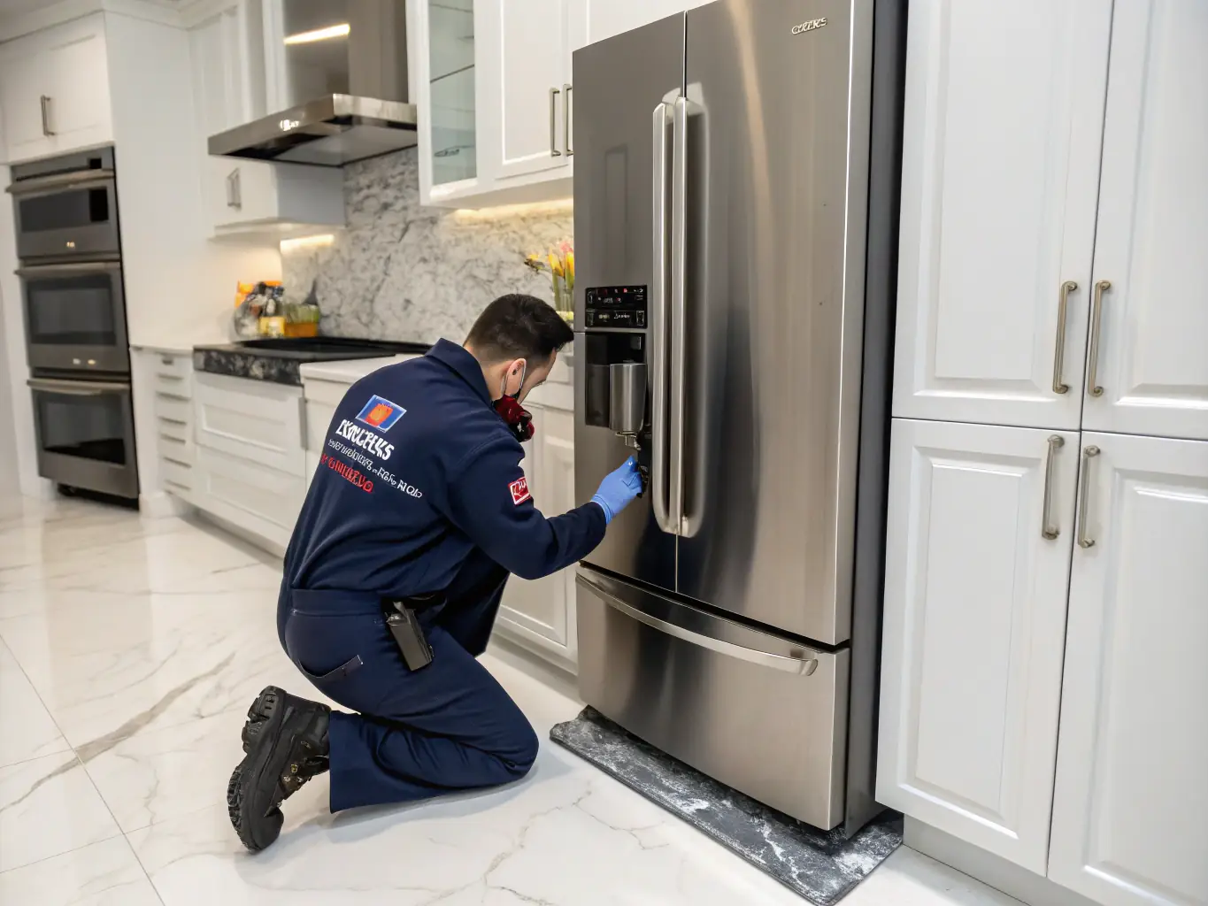 A technician performing routine maintenance on a Sub-Zero refrigerator, cleaning coils and inspecting components to ensure optimal performance and longevity.